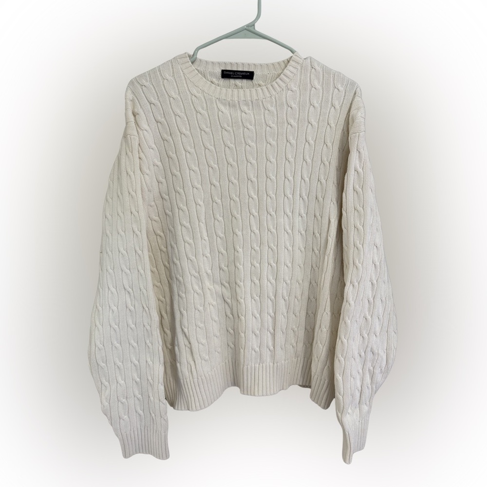 Vintage Daniel Cremieux White Cable Knit Fisherman Sweater Oversized L